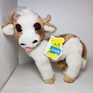 1977 R Dakin Nature Babies Buttercup Cow 9" Tag Korea White Brown Udder Flowers‎